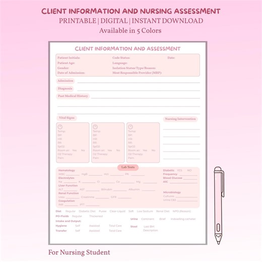 Client Information Form | Nursing Template | Head to Toe Assessment | Medication Research | Intervention | Instant Download - Etsy