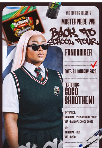 The lineup reaches another level. Introducing our third artist: Gogo Skhotheni ✨🔥 This is bigger than music . It’s the sounds of hope📚🙏🏽 @Gogo Skhotheni Dlamini #YVKBackToSchoolTour