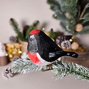 Clip-On Bird Ornaments for Christmas Trees, Hand-Painted Wooden Decorations in Assorted Styles (Australasian Robin)