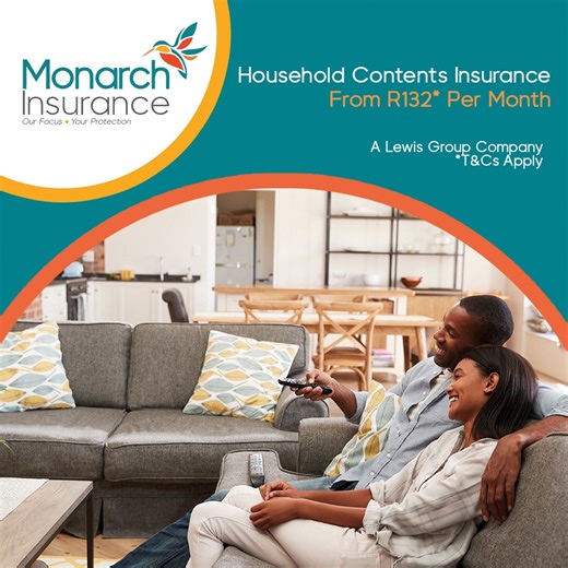 Safeguard your household contents and belongings from unexpected loss or damage with Household Contents Insurance from Monarch for only R132* per month. T&Cs apply. https://bit.ly/4pll1UD Monarch Insurance Company is a licensed microinsurer, a wholly owned subsidiary of Lewis Stores (Pty) Ltd, an Authorised Financial Services Provider (FSP 2815) | LEWIS STORES