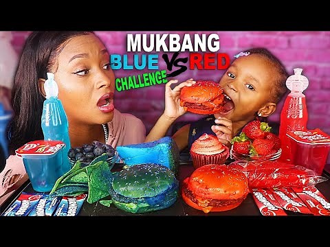 RED FOOD VS BLUE FOOD CHALLENGE MUKBANG (JELLY CANDY CAKE SAUSAGE BURGER)먹방 QUEEN BEAST & LAYLA