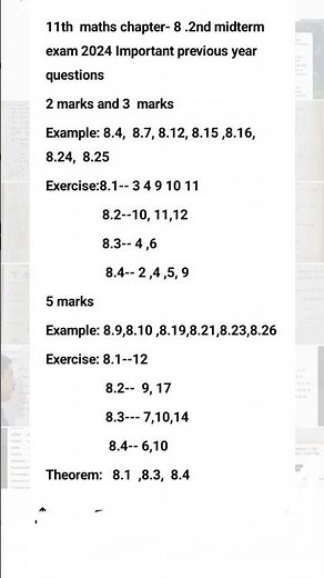 11th standard maths chapter 8 second midterm exam 2024 previous year questions