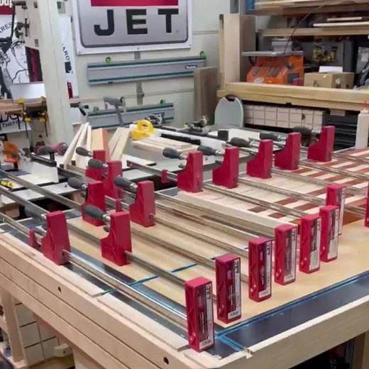 "An Army of JET Woodworking parallel clamps ready to do what they do. Clamping up a 50” Hard maple and Padauk Flag before hand carving it into an American Masterpiece." Love to see it 🔥 You can never have too many clamps, right? VC: The Handy Fireman | JET Tools