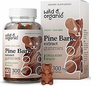 Wild & Organic Pine Bark Extract Gummies 300mg - Antioxidant Support w/French Maritime Pine Bark Tree - Pinus Pinaster Supplements - 60 Antioxidant Gummies - Vegan, Non-GMO