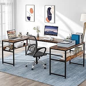 Tribesigns U- Shaped Desk with Bookshelf and Tilting Drawing Board, L Shaped Computer Desk Gaming Gamer Table Workstation Desk with 3 Desktop for Home Office (Rustic)