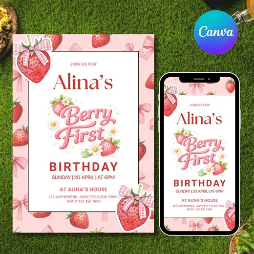 Berry First Birthday Invitation Girl, Strawberry 1st Birthday Invite, Pink Bow Coquette Part, DIY Text, Instant Download