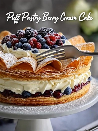 Puff Pastry Berry Cream Cake Ingredients: 2 sheets puff pastry (store-bought or homemade) 1/2 cup powdered sugar (plus extra for dusting) 2 cups heavy cream, chilled 8 oz mascarpone cheese (or cream cheese as substitute) 1 teaspoon vanilla extract 1/2 cup berry jam (blueberry, raspberry, or strawberry) 1 cup fresh berries (blueberries, raspberries, or a mix) Extra whipped cream (for decorating) Fresh berries (for garnish) Directions: Prepare the pastry: Preheat oven to 400°F (200°C). Place puff 