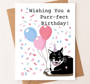 Funny Tuxedo Cat Birthday Card, Party Balloons