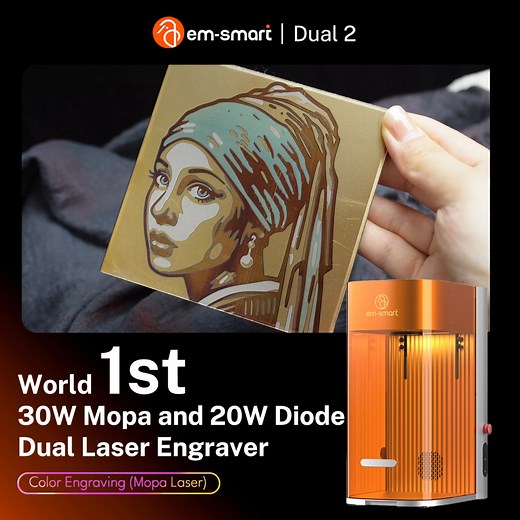 Dual 2 offers vivid color engraving and high-precision detail for creators making emblems, display pieces, and custom game-inspired metal work. The dual-laser setup (30W MOPA 20W diode) ensures consistent quality and smooth gradients. Open the preview page and subscribe for early updates and sample builds. | EM-SmartOfficial