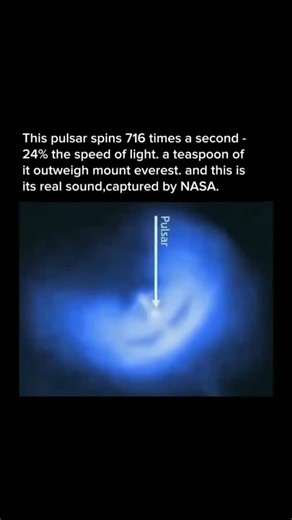 Cosmic Evolution on Instagram: "Research-focused description: This object is a millisecond pulsar—a rapidly rotating neutron star formed after a supernova collapse. Spinning ~716 times per second, its equatorial surface approaches relativistic speeds (~24% of light speed). The extreme gravity compresses matter to nuclear density, making a teaspoon weigh billions of tons. The “sound” is not acoustic; NASA converts periodic X-ray/radio emissions, produced by intense magnetic fields and particle je