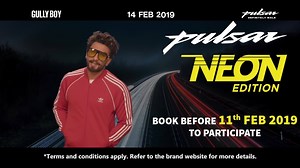 Pulsar Neon meets Gully Boy! The new shade of hip-hop, Gully Boy meets the new shade of Thrill, Pulsar Neon. You can meet both! Book Your Pulsar Neon Edition before the 11th of February and get a chance to meet the cast of Gully Boy*. (Contest not applicable in the state of Tamil Nadu) Rush to your nearest Dealership to Book Now. Locate Dealer at https://www.bajajauto.com/find-a-dealer Know more about contest, terms and conditions, prices specs, features at https://www.bajajauto.com/motor-bikes.