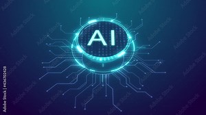 Technology looped background, digital circuit board. Artificial intelligence AI, machine learning and modern computer technologies concept. electronic processor, cyber space 3d animation HUD design