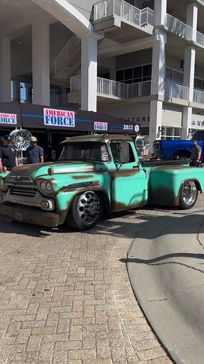 1959 Chevy Viking - bagged and powered by a 24V Cummins - at Orange Beach Invasion - owner/Builder: @hannah_wheat24v • @corywheatcustoms #sickslammedtrucks #baggedtrucks #orangebeachinvasion | SICK Slammed Trucks