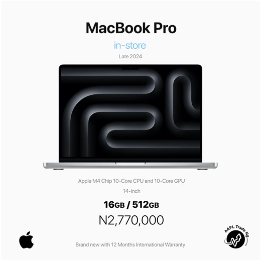 AAPLTrdNg VENTURES on Instagram: "14” Macbook Pro _ Apple M4 Pro Chip 10-core CPU and 10-Core GPU 512GB Storage _ Apple M4 Pro chip with 10-core CPU, 10-core GPU, and 16-core Neural Engine _ 16GB unified memory 512GB SSD storage1 _ 14-inch Liquid Retina XDR display Three Thunderbolt 4 ports, HDMI port, SDXC card slot, MagSafe 3 port Backlit Magic Keyboard with Touch ID US English Force Touch trackpad _ Late 2024 (Latest Model) _ Colors; SILVER & SPACE BLACK N2,770,000 @aapltrdng 12 Months Intern