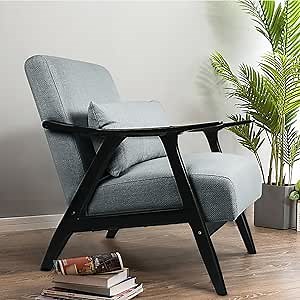 OAKHAM Mid Century Modern Accent Chair, Single Fabric Lounge Reading Armchair with Solid Wood Frame, Easy Assembly Arm Rest Chairs for Living Room (Ebony-Grey)