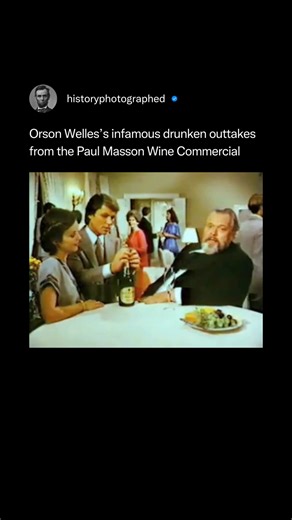 These outtakes are from a Paul Masson wine commercial featuring a visibly inebriated Orson Welles slurring his lines and struggling to deliver the famous slogan, "We will sell no wine before its time." The clips, which circulated on VHS for years before going viral online, show the legendary actor-director unable to focus or pronounce words correctly, creating a stark contrast to his usual dignified persona. Credit: DDB Needham | History In Pictures