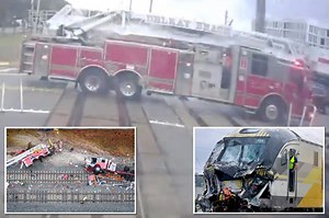 Video shows shocking moment high-speed train collides with a Florida fire truck that drove onto tracks