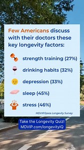 Many Americans skip talking about important lifestyle topics with their doctors, like stress, sleep and drinking habits, which can impact longevity. 😴🍷 ➡️ Take the Longevity Quiz today! MDVIP.com/LongevityIQ | MDVIP