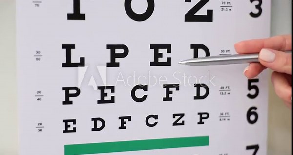 Ophthalmologist pointing to a letter on a vision test chart