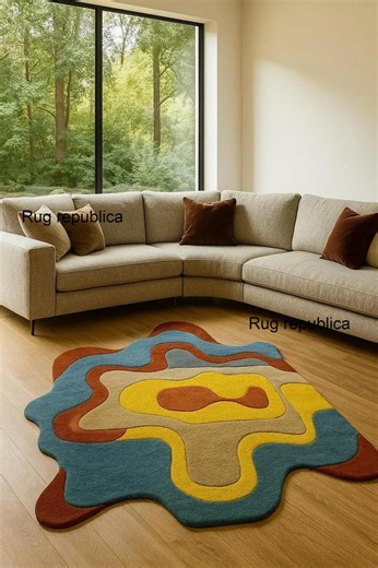 Colorful Abstract Wool Rug, Modern Hand Tufted Area Rug, Irregular Shape Multicolor Carpet, Artistic Contemporary Statement Rug - Etsy