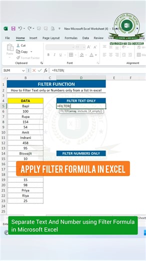 Separate Text & Numbers easily using FILTER Formula in Excel! 🔍 #ExcelTips #FilterFormula