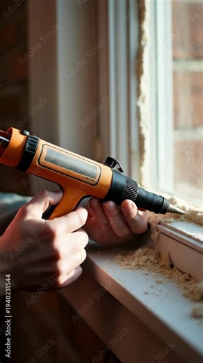 Close up of hands using an orange applicator gun to apply expanding polyurethane foam for window insulation in a house.