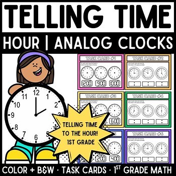 Telling Time to the Hour | Analog Clock Write & Wipe 1st Grade Task Cards