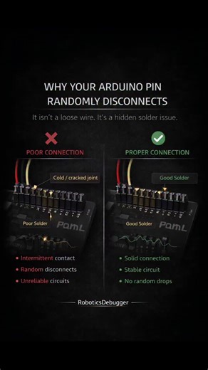 Robotics Debugger on Instagram: "Why your Arduino pin randomly disconnects (and it’s NOT a loose wire) If your project works sometimes fails when you touch the board or randomly stops mid-run… This isn’t a code issue. This isn’t even a wiring issue. Most of the time it’s a hidden solder problem: • Cold joints • Cracked solder • Weak header connections They look fine… until current flows. That’s why beginners (and even pros) keep “debugging code” for hours — when the fault is physical. If you’ve 