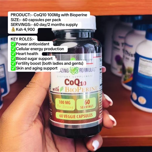 PRODUCT:- CoQ10 100Mg with Bioperine SIZE:- 60 capsules per pack SERVINGS:- 60 day/2 months supply 💰Ksh 4,900 KEY ROLES:- ✅Power antioxidant ✅Cellular energy production ✅Heart health ✅Blood sugar support ✅Fertility boost (both ladies and gents) ✅Skin and aging support To order Call/Text/WhatsApp:- ☎️Elvy - 0717802416 ☎️Betty - 0768425285 🚚We deliver Countrywide at a small Fee Happy Shopping and looking forward to your order!😊