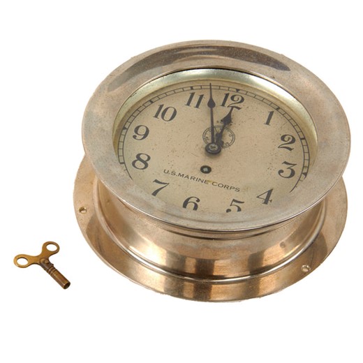 Original U.S. WWII USMC Marine Corps Ship Clock by Chelsea Clock Co. with Winding Key Shipped to USMC Depot in 1941 - Functional, Serviced in 2001