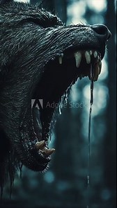 Werewolf opening it's mouth revealing sharp dripping fangs at night.