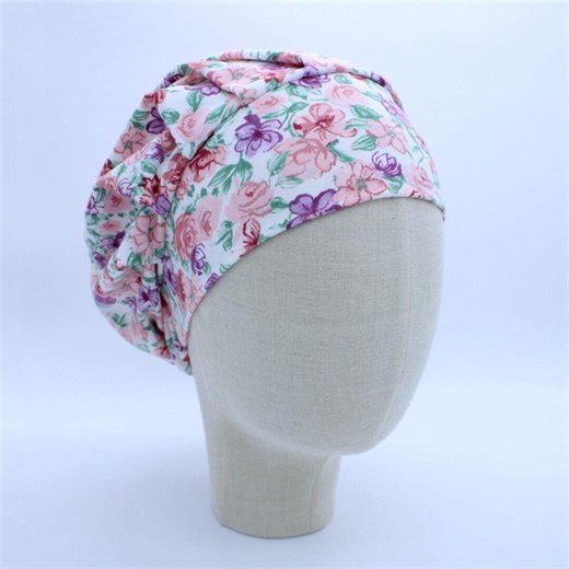 Pretty Pink/purple Floral on Double Brushed Poly in a Bouffant Style Scrub Cap - Etsy