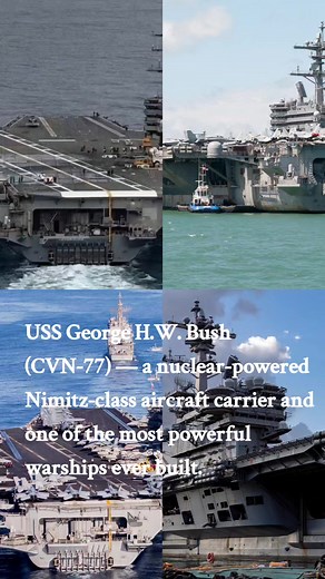 USS George H.W. Bush (CVN-77) — a nuclear-powered Nimitz-class aircraft carrier and one of the most powerful warships ever built. Powered by two nuclear reactors, this supercarrier can sail at 30 knots with virtually unlimited range, operating for decades without refueling. Displacing over 100,000 tons and carrying up to 90 aircraft, CVN-77 functions as a mobile airbase, projecting US Navy sea power anywhere in the world. As a marine engineer, this ship represents the peak of naval engineering,
