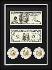 Challenge Coin Display,Military Coin Holder Display,Challenge Coin Holder,Coin Display Case,Dollar Bill Frame,Real Glass,with 3ransparent Coin Capsule Boxes for Placing US Dollars and Coins.Black