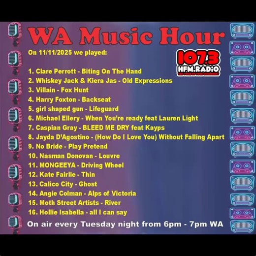The WA Music Hour opens proceeding every Tuesday for a night celebrating Australian music. It’s followed by In The Scene playing new WA music from 7pm-9pm. Then it’s time for It’s A Rap from 9pm-11pm playing a mix of Australian music from 2000 to today including selected tracks from the weekly Amrap charts. If you are an Australian artist, make sure you use the Amrap website to share your music with approx 500 community stations across Oz. It’s free and so easy to use. | 107.3 HFM