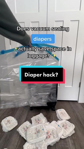 Have you tried vacuum sealing diapers before if you’re traveling with a baby or toddler? Do you prefer to just buy diapers when you get to your vacation? #diapers #travelwithkids #baby #toddler #travelhack #babyhack