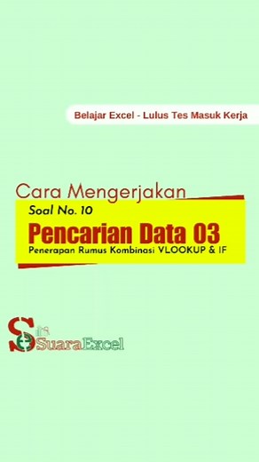 #BelajarExcel #SuaraExcel Soal Pencarian Data seperti ini juga sering muncul saat Tes Masuk Kerja. Dimana pencarian data mengkombinasikan vertikal dan horizontal. Rumus Penyelesaiannya menggunakan VLOOKUP dan IF BERTINGKAT. Dalam VLOOKUP, ada 4 komponen rumus yang perlu dipahami yaitu : 1. Lookup Value : Nilai yang di cari. 2. Table Array : Sumber referensi data yang berupa tabel. Pastikan data yang ada di kolom 1 adalah sama dengan nilai yang ingin dicari. 3. Col Index Number : Nomer urutan kol