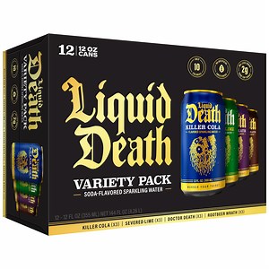 Liquid Death Variety Pack Soda Flavored Sparkling Water 12-pack (12 fl oz Cans), Low Calorie and No Artificial Sweeteners, 4 Flavors: Severed Lime, Doctor Death, Killer Cola, and Rootbeer Wrath