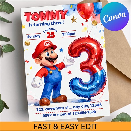 Super Mario 3rd Birthday Invitation, Editable Mario Party Invite for Boys, Video Game Theme Birthday, Canva Template, Mario Birthday Card - Etsy