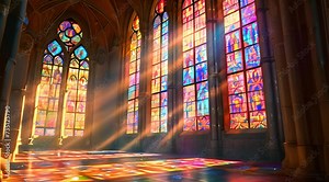 stained glass window in church, an intricate stained glass window casting colorful patterns of light onto the interior of a historic cathedral or church