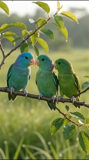 two bright blue parrots and two green parrots. They fly around each other, hop onto a small tree 4k