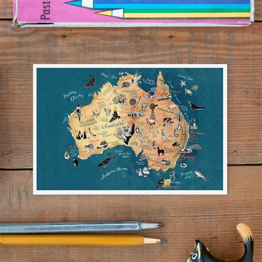Australia Postcard, Hand Drawn Travel Map, Illustrated Miniprint, Aussie Art, Outback Road Trip, Going Away Gift, Greeting Card Postcrossing - Etsy Australia
