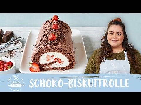 Schoko-Biskuitrolle mit Erdbeeren 🍓🍫 I Einfach Backen