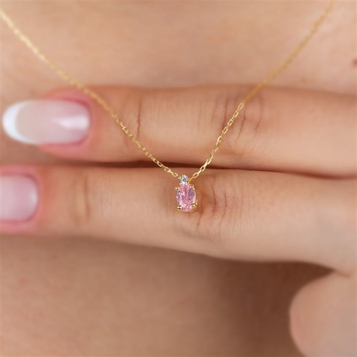 Oval Pink Tourmaline Necklace With Real Diamond, October Birthstone, 14K 10K 8K Solid Gold - Etsy UK
