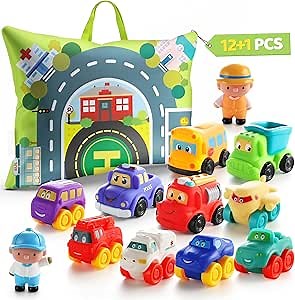 bessome Soft Rubber Toy Figure Car for 1 Year Old Boy with Playmat (Storage Bag)|12 PCS Cartoon Cars Baby Toys for 12-18 Months & Toddler Age 1-2|First Birthday|Gift for 1 2 3 Year Old Boy