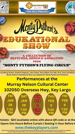 The Key Players (Theater Group) on Instagram: "Share the reel. Spread the madness! Something’s wrong with me. Something’s wrong with everyone in this show. Dead parrots. Silly walks. Questionable lessons. Zero refunds for sanity. The Key Players present Monty Python’s Edukational Show at the Murray Nelson Government Center 1/29 at 7:30 pm 1/30 at 7:30 pm 1/31 at 7:30 pm 2/1 at 2 pm 2/5 at 7:30 pm 2/6 at 7:30 pm 2/7 at 7:30 pm"