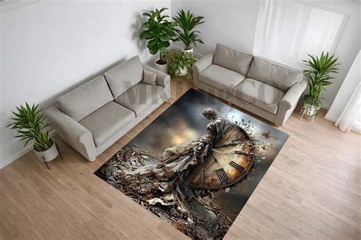 Steampunk Clock Woman Rug, Gothic Fantasy Area Rug, Sepia Brown and Antique Gold Time Design Floor Mat, Dramatic Living Room Decor - Etsy