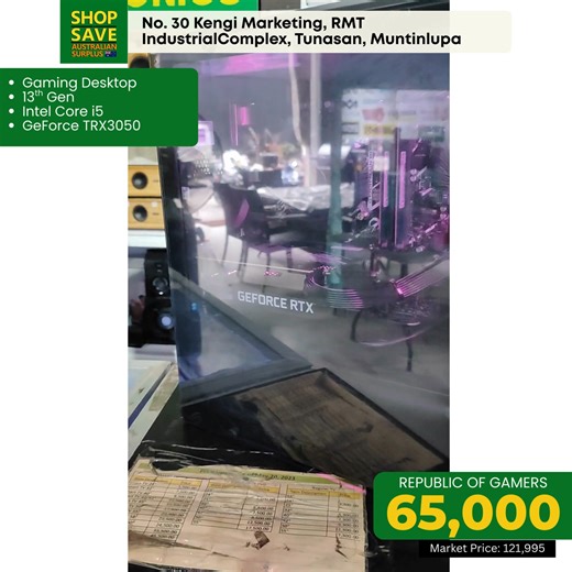 ASUS ROG STRIX G13CH Our Price: 65,000 Market Price: 121,995 Specs: Gaming Desktop 13th Gen Intel Core i5 GeForce TRX3050 📍 Shop and Save Australian Surplus - RETAIL 📌 No. 30 Kengi Marketing, RMT Industrial Complex, Tunasan, Muntinlupa 🕗 Open Monday to Saturday, 8:30 AM – 5:30 PM ❌ Closed every Sunday | Shop and Save Australian Surplus