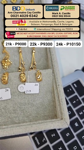 Subasta High Carat Gold Live selling 21k - P9000 22k - P9300 24k - P10150 ðŸ”¸How to Order: First to Comment Mine + Code basis Seller's Screen ðŸ”¸Location: Pasig City With 2 Physical Stores ðŸ”¸Cubao Branch (First Allied Emporium Jewelry Inc) Mall entrance New Farmers Plaza, Cubao Quezon City Open from Monday to Saturday 11:00am to 5:00pm ðŸ”¸Recto Branch (Talia Jewelry Stall no 11 ) Kapitan Pepe Building, Sta Cruz Manila Open from Monday to Saturday 11:00am to 5:00pm) ðŸ”ºStrictly 1-2 days res
