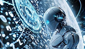 time machine concept: thinking robot standing with Abstract Digital number timer clock Technology, time machine data, Rotating clock, big data